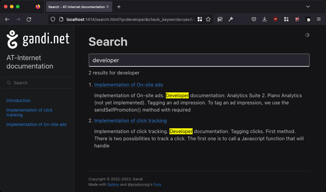 Capture d’écran de la page de recherche d’une documentation Sphinx, qui fonctionne avec Pagefind
